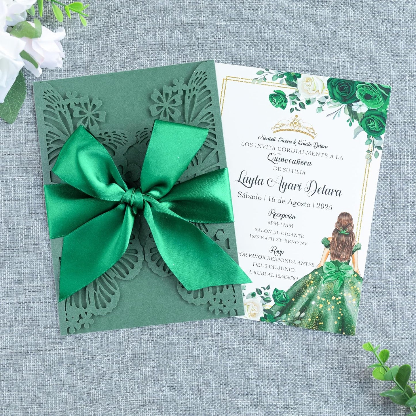 20 PCS 5.12x7.2 Butterfly Personalized Quinceanera Invitation, Customized XV Anos Laser Cut Invitation Cards with Envelopes (Emerald Green Personalized)